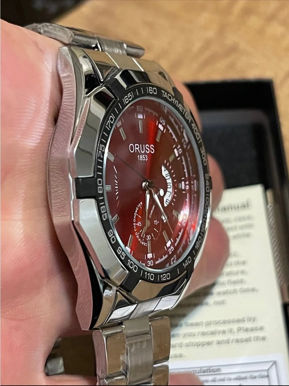 ORUSS Men's watch, authentic new model, large dial, calendar function, Red dial